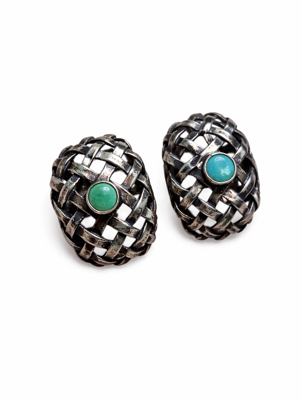 Vintage Sterling Silver Turquoise Earrings Basket Weave Dangle 3/4"